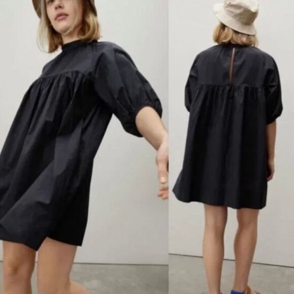 EVERLANE The Shirred Mini Yoke Dress in Black Large - Picture 1 of 7